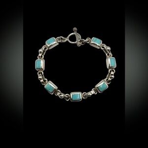 Heavy Sterling Silver Faux Turquoise Link Bracelet 7.75"